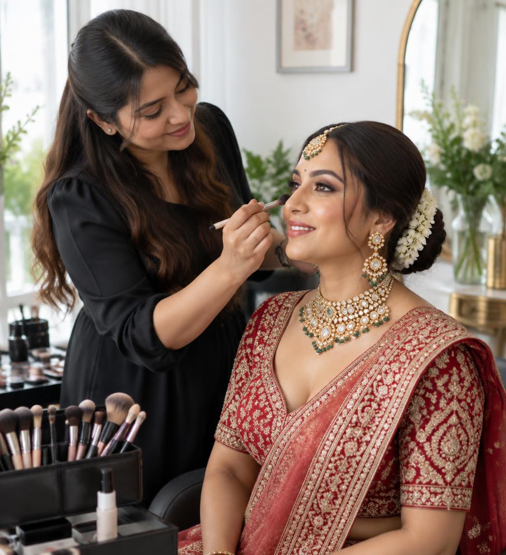 Indian freelance makeup artist preparing a bride